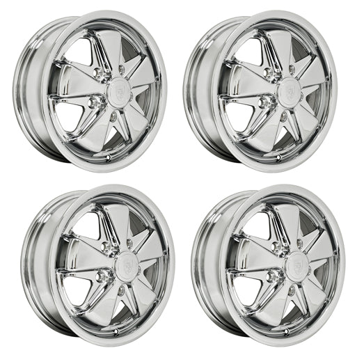 WHEEL, PORSCHE 911 ALLOY, ALL CHROME, 15X4 1/2, 5X130 BOLT PATTERN, 4 1/2" BS EACH